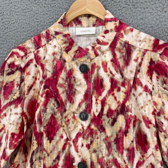 Chicos Jacket Womens 0 US Small Red Multi Linen Blend Short Sleeves Button Up - Picture 2 of 9